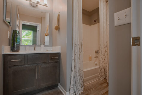 Modern bathroom at Island Club by HILLS Properties in Maineville, Ohio, featuring a dark wood vanity with quartz countertop, contemporary fixtures, and a tub-shower combination.