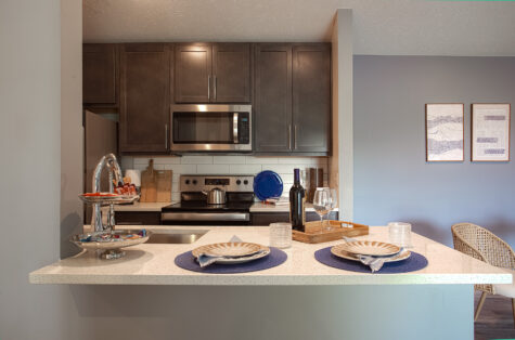 Modern galley-style kitchen featuring quartz countertops, stainless steel appliances, contemporary cabinetry, and ample storage space.
