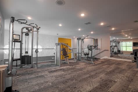 Contemporary apartment fitness center featuring strength-training machines, mirrored walls, and patterned carpet flooring. The spacious gym includes cable equipment, weight stations, modern lighting, and a mezzanine-level layout with sleek glass railings.