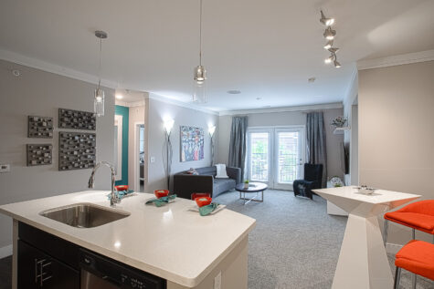 Modern open floor plan apartment showcasing a kitchen island with sink, quartz countertops, dark cabinetry, bar seating, and an adjoining living room with contemporary finishes at Savoy at the Streets of West Chester.