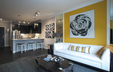 Open-concept apartment interior at Sterling Lakes in Mason, Ohio featuring a modern kitchen with dark cabinetry, stainless steel appliances, breakfast bar seating, pendant lighting, and an adjacent living room with contemporary furnishings and decorative artwork.