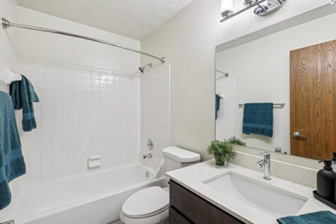 Updated guest bathroom featuring a quartz vanity, modern fixtures, and a tub/shower combination.