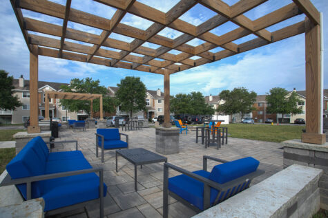 Resident social deck at Fox Chase South Apartments in Southgate, Kentucky, providing an inviting outdoor setting for gathering, relaxing, and connecting with neighbors.