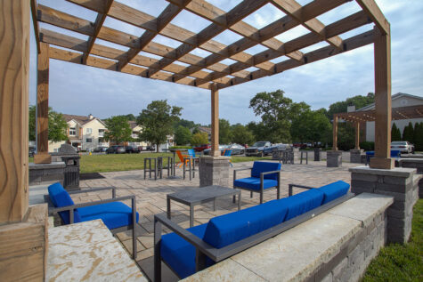 Resident social deck at Fox Chase South Apartments in Southgate, Kentucky, providing an inviting outdoor setting for gathering, relaxing, and connecting with neighbors.