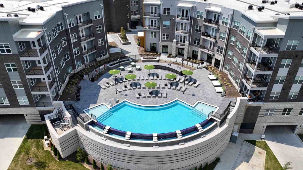 Aerial view of the resort-style pool and sundeck at Vantage at Anderson Towne Center apartments in Cincinnati, OH.
