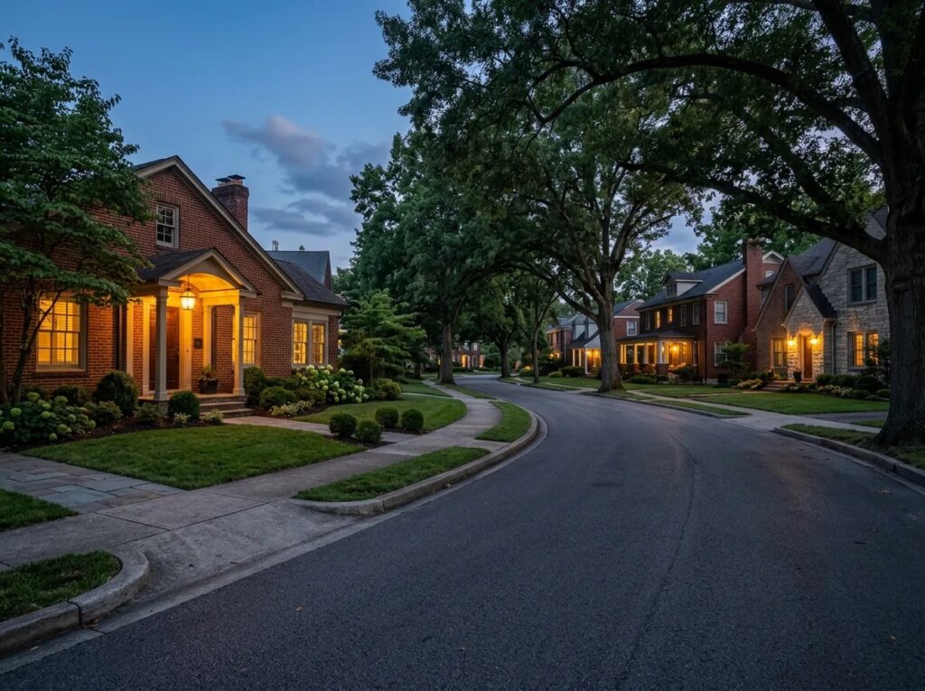 A quiet evening in a suburban neighborhood street with warm lighting.