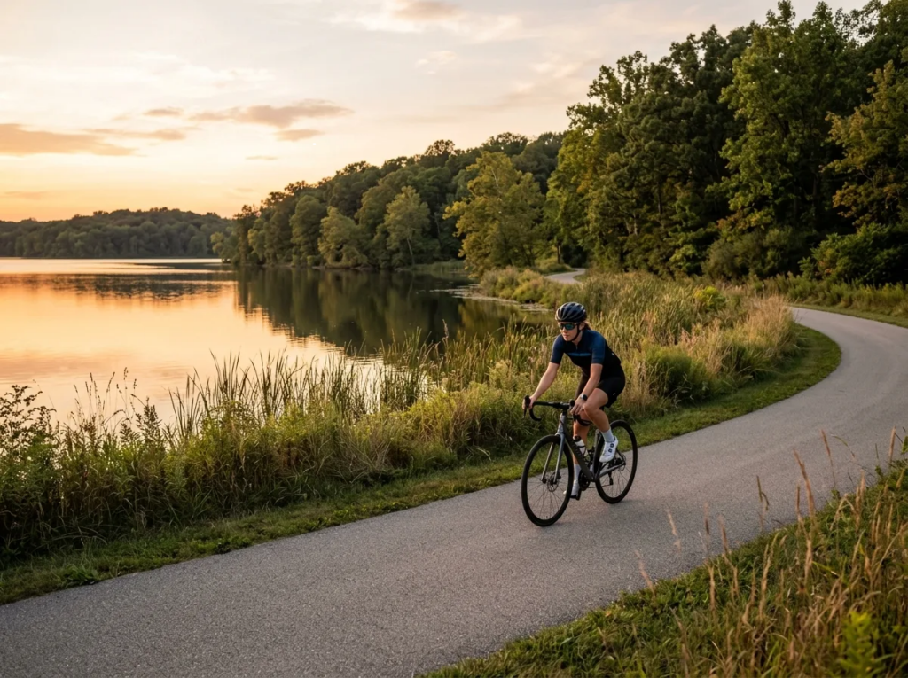 A man biking down a paved trail on a bright misty morning.