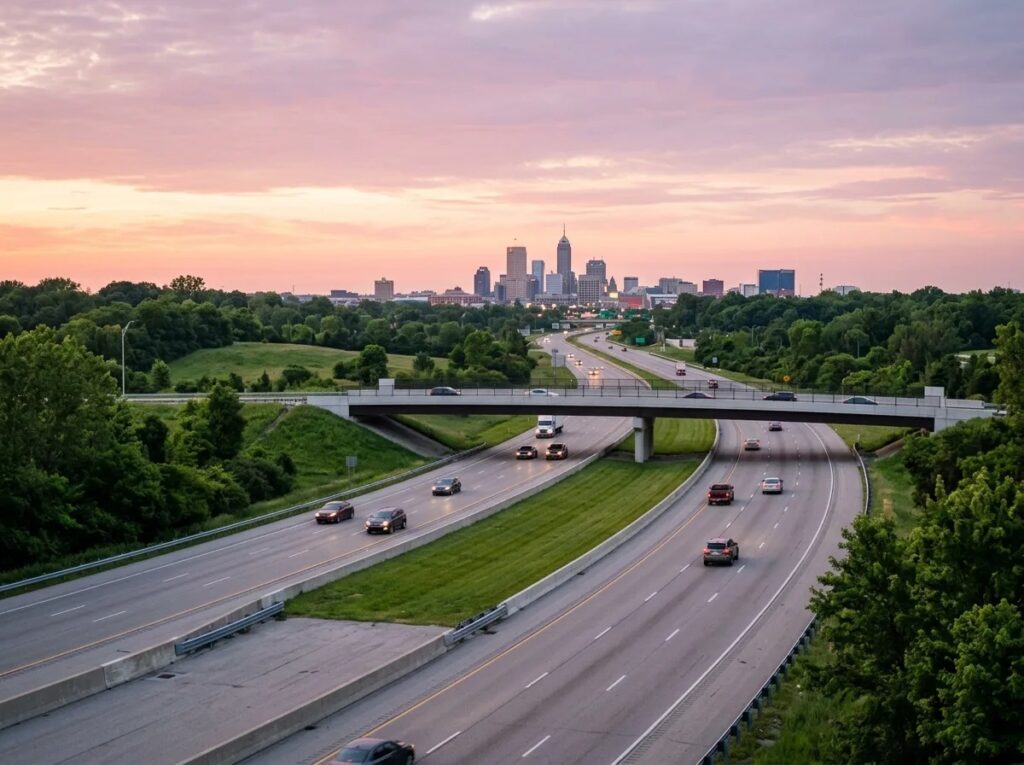 An early morning highway commute with cars speeding by.
