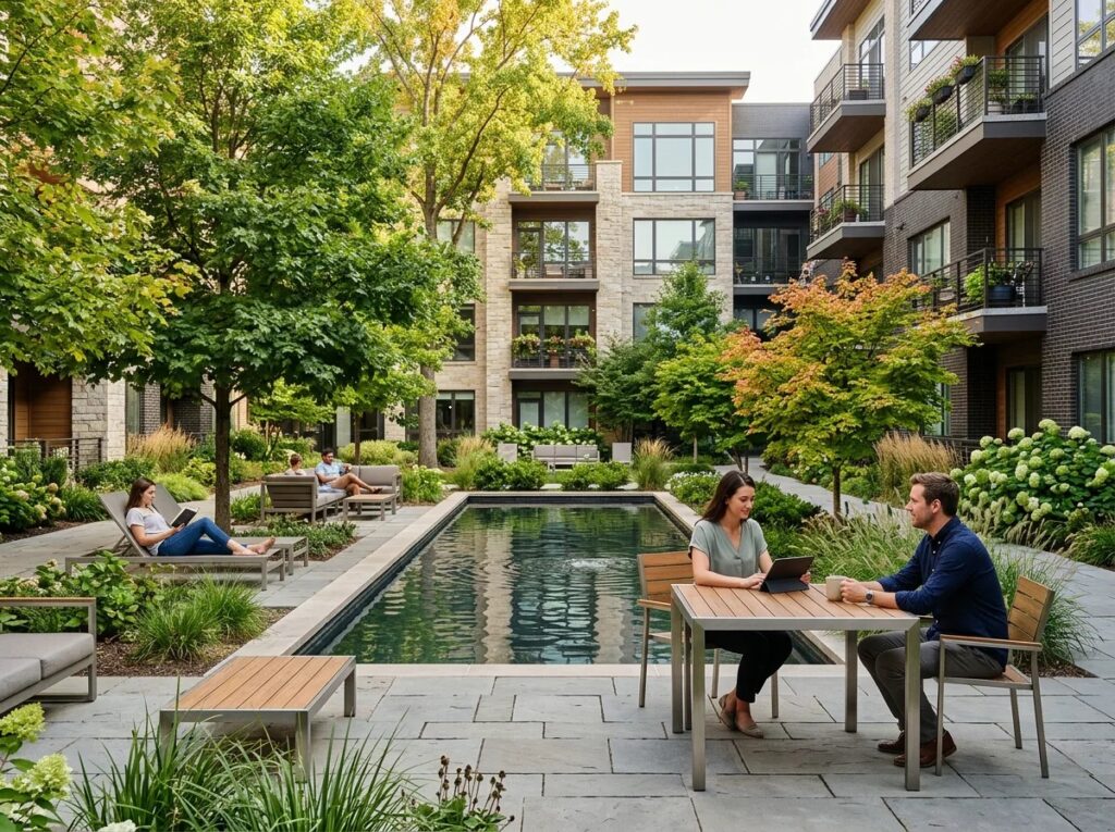 A couple sits in the central courtyard of a modern apartment community.
