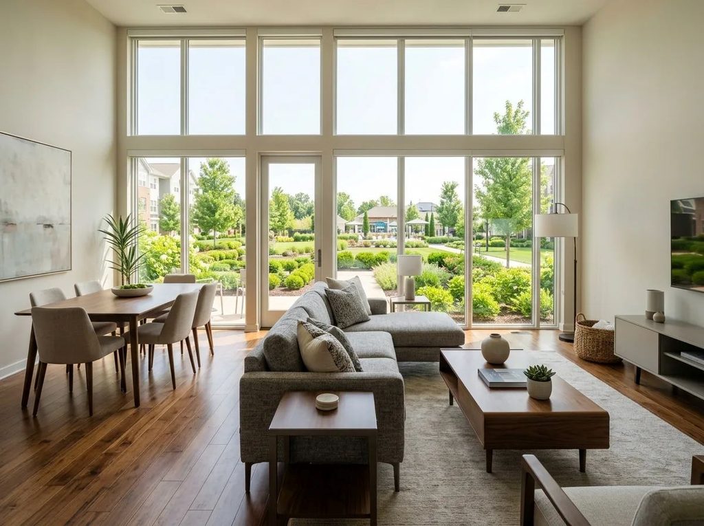 Beautiful living space floor plan at Palmera Apartments with wide open windows with a beautiful scenery outside.