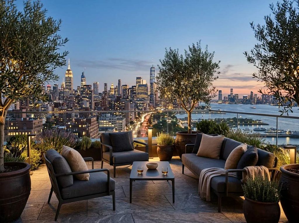 A luxury apartment patio with an overlook of the city at night.