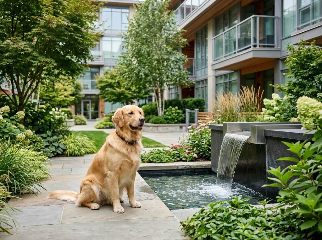 A golden retriever sits in the middle of an apartment social area